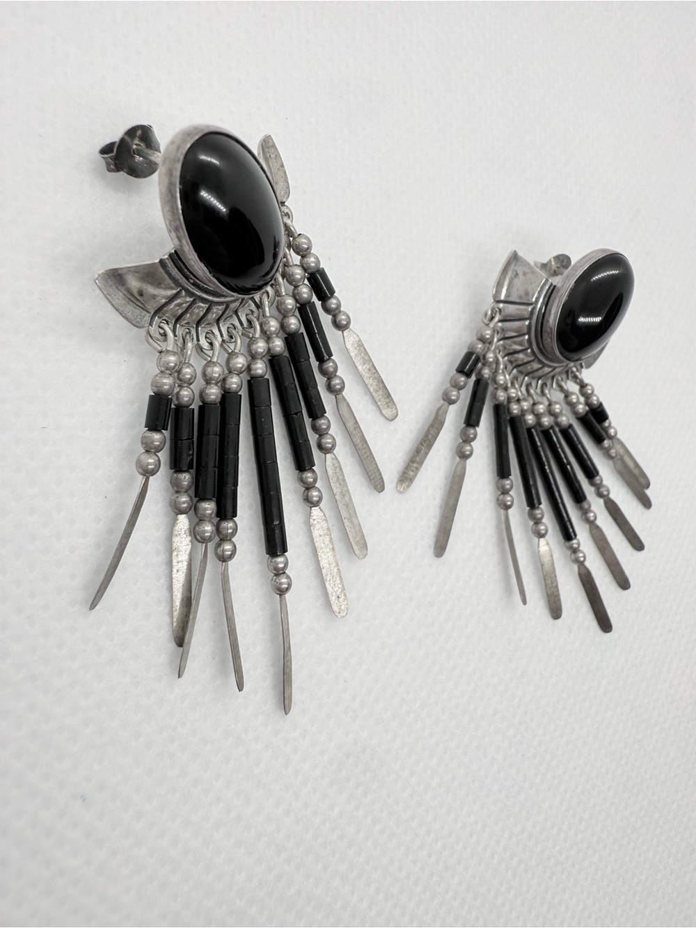 Vintage Southwestern Sterling Silver Black Onyx Fringe Dangle Statement Earrings - Picture 9 of 11